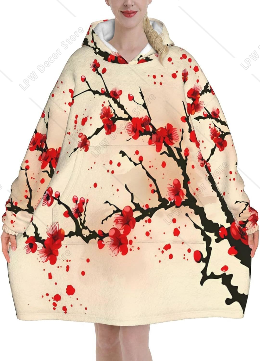 赤い桜柄のウェアラブルブランケットフーディー、日本の花柄オー - Sherpa Hoodie Fleece のレビューと価格