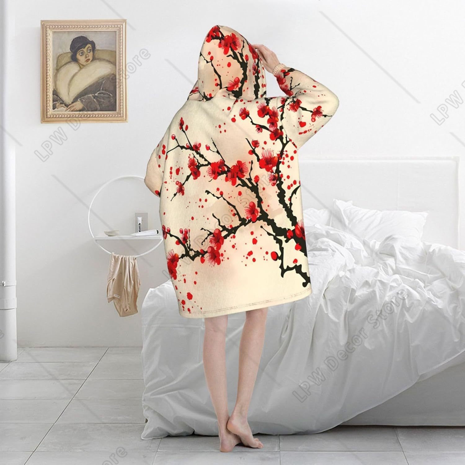 赤い桜柄のウェアラブルブランケットフーディー、日本の花柄オー - Sherpa Hoodie Fleece のレビューと価格