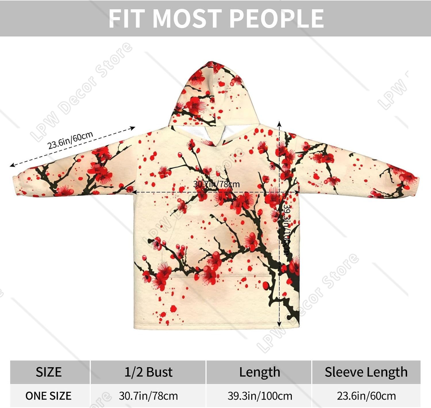 赤い桜柄のウェアラブルブランケットフーディー、日本の花柄オー - Sherpa Hoodie Fleece のレビューと価格